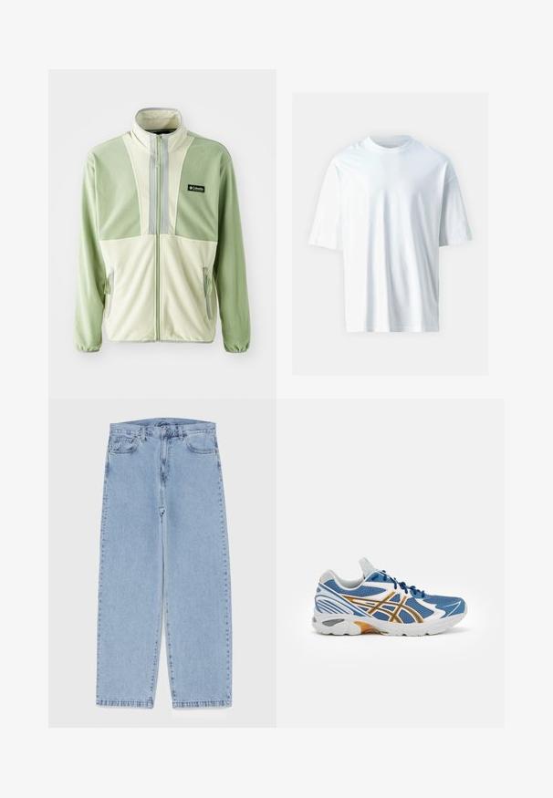 Kerge roheline ja kreemjas fliistöötaja, millel on kõrge krae, täispikkuselt avatud esikülg, kaks küljetaskut ning rindkere peal logo.; Valge lühikeste varrukatega T-särk, mis on valmistatud pehmest puuvillast. Omab ümmargust kaelust, lõdvemat lõiget ja sileda tekstuuri. Ei ole nähtavaid mustreid ega aktsente.; Heled sinise denimi sirgete põlvede lõikega teksad, millel on keskmise kõrgusega vöökoht, viis taskut ning nööbid ja tõmblukk.; Sinine spordijalanõud, millel on võrgust ülaserv, valged ja oranžid aktsendid, pehmendatud vaheking ja tekstureeritud kummist tallad. Omab nööridega sulgemist.