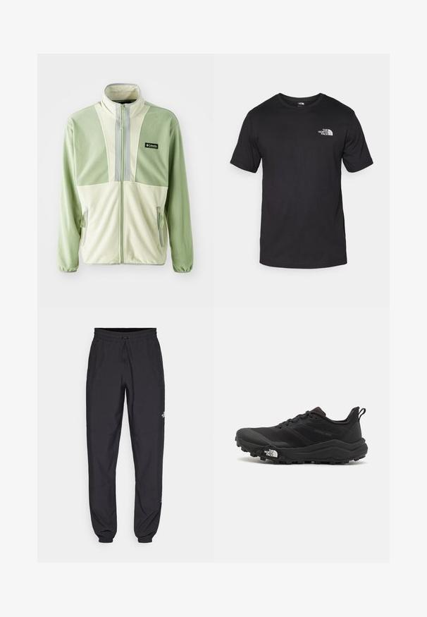 Fleece jacket in light green and cream, featuring a high collar, full zip front, two side pockets, and a logo on the chest.; Black short-sleeve t-shirt made of cotton, featuring a round neckline and a small white logo on the upper left chest area.; Black athletic pants made from lightweight fabric, featuring a drawstring waistband, side pockets, and tapered cuffs at the ankles.; Black trail running shoe with a textured upper, rubber sole, and reinforced toe cap. Features a padded collar and pull tab for easy wear.