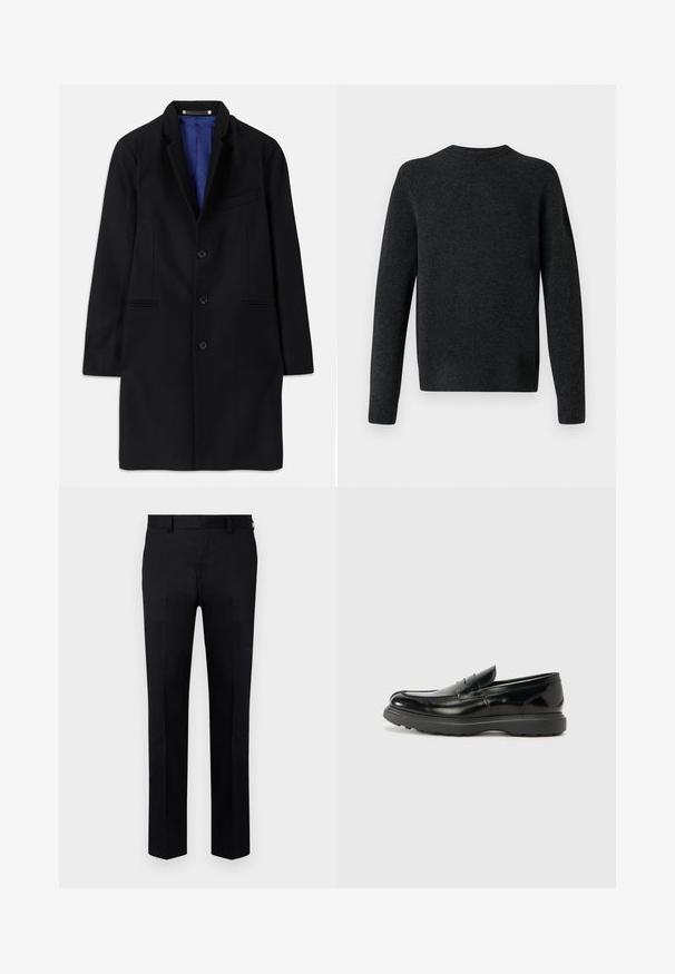 Crni vuneni kaput s krojem po mjeri, reverima, zatvaranjem s pet dugmadi, bočnim džepovima i plavim satenskim oblogom.; Tamno siva pletena majica s okruglim izrezom, dugim rukavima i glatkom teksturom. Jednostavan dizajn, bez vidljivih uzoraka ili metalnih detalja.; Crne hlače od glatke tkanine, s ravnim krojem, prednjim pregibom i petljama za remen na struku. Bez vidljivih uzoraka ili akcenata.; Crne kožne mokasine s sjajnom završnom obradom, okruglim vrhom, suptilnim detaljima šivanja i debelim gumenim đonom za izdržljivost.
