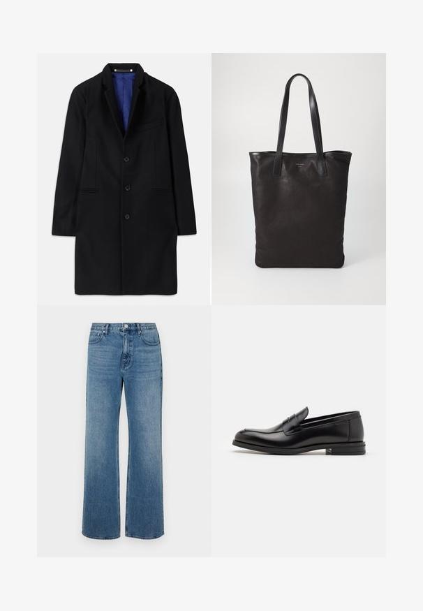 Fekete gyapjú kabát, igényes szabással, kivágott hajtókával, öt gombbal záródó, oldalsó zsebekkel és kék szatén béléssel.; Fehér gombos ing, gallérral, finom függőleges csíkokkal, hosszú ujjal, mellzsebekkel és klasszikus kerekített aljjal.; Széles lábú, koptatott kék farmernadrág. Öt zsebből, elülső gombos záródásból és egyenes szabásból áll.; Fekete bőr loaferek sima textúrával, kerek orral és dekoratív pánttal a vampnál. Alacsony, rétegelt sarkú, minimalista dizájn.; Fekete vászontáska fekete bőr füllel. Egyszerű dizájn, tágas test és sima textúra. Nincsenek látható logók vagy minták.