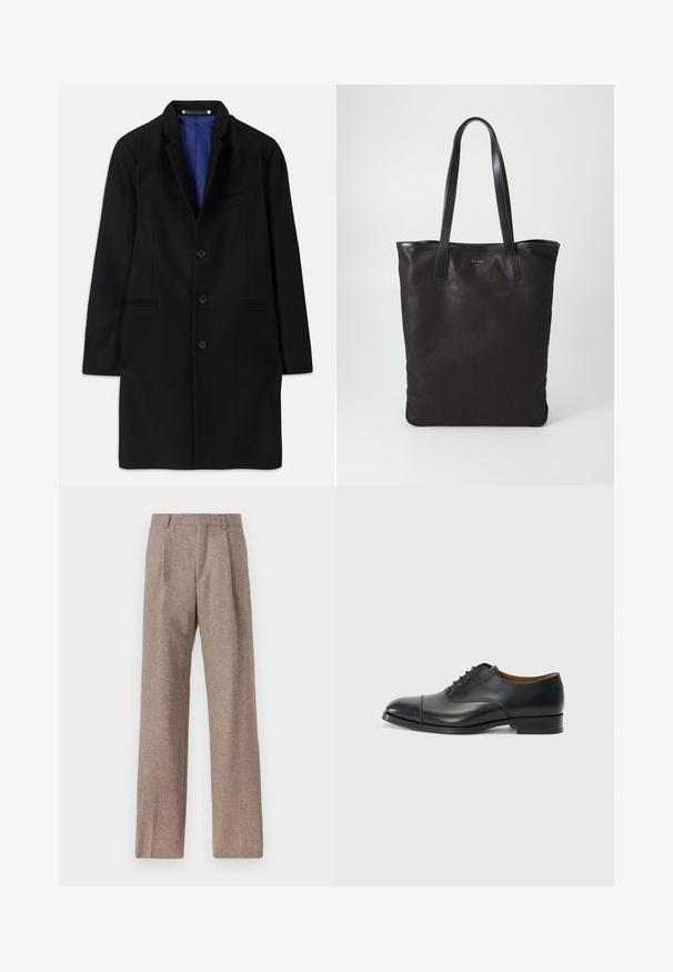 Cappotto di lana nera con un design su misura, revers a punta, chiusura con cinque bottoni, tasche laterali e foderato in raso blu.; Camicia bianca a maniche lunghe con bottoni, realizzata in cotone, caratterizzata da una tasca sul petto con ricamo tonale, colletto e polsini con bottoni.; Pantaloni marroni a vita alta realizzati in tessuto testurizzato. Presentano gambe ampie e due pieghe frontali per struttura. Rifinitura curata senza hardware visibile.; Scarpa da donna nera in pelle con finitura liscia, punta arrotondata, cinque passanti per i lacci e tacco basso a blocco. Design minimalista con cuciture sottili.; Borsa tote in tela nera con manici in pelle nera. Design semplice, corpo spazioso e texture liscia. Nessun logo o motivo visibile.