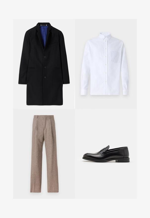 Melna vilnas jaka ar pielāgotu dizainu, ar iegriezumiem pie kakla, piecu pogu aizdari, sānu kabatām un zilu satīna oderi.; Balts garo piedurknēm krekliņš ar pogām, izgatavots no kokvilnas, ar krūšu kabatu ar tonālu izšuvumu, apkakli un pogām pie piedurknēm.; Brūni, augstos šortos izgatavoti no teksturēta auduma. Iezīmē plašas kājas un divas priekšējās krokas, kas nodrošina struktūru. Kārtīga apdare bez redzamām detaļām.; Melnas ādas kurpes ar gludu tekstūru, noapaļu purngalu un dekoratīvu siksniņu pāri priekšpusei. Zems sakrauts papēdis, minimālisma dizains.
