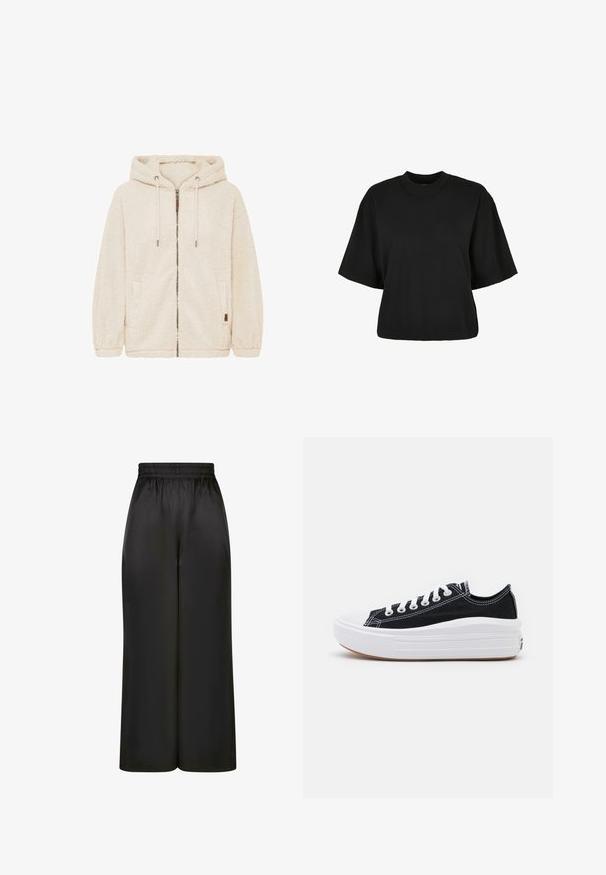 Kreemi värvi fliiskot, millel on kapuuts, ees kett, kaks külgtaskut ja nööri aksessuaare. Pehme, tekstureeritud materjal ja mugav lõige.; Must terav t-särk, mis on valmistatud puuvillast. Omab lühikesi varrukaid ja ümmargust kaelust. Sile tekstuur ja lihtne disain, ilma täiendavate mustriteta.; Mustad laiad püksid, mis on valmistatud siledast, läikivast kangast, millel on elastne vöökoht ja ilma nähtavate taskute või riistvara detailideta.; Mustad mustad kingad valgete paeltega, valge kummist varbakattega ja paksu valge vaheosaga. Omab diskreetset valget õmblust ja kummi talla.