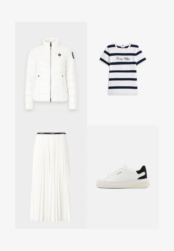 Giacca a vento bianca imbottita con colletto alto, zip frontale, due tasche laterali e una patch con logo sulla spalla sinistra. Design trapuntato texturizzato.; T-shirt in cotone con righe orizzontali blu navy su sfondo bianco. "Tommy Hilfiger" ricamato in corsivo sul petto. Collo a giro.; Gonna bianca plissettata con elastico nero in vita che presenta il logo "LACOSTE". Design di lunghezza media con texture morbida.; Sneaker bianchi in pelle con suola spessa bianca, accento in suede nero sul tallone e logo impresso sul lato. Design con lacci e sei fori per i lacci.