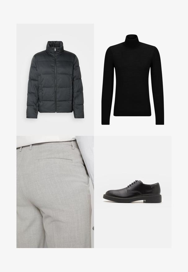 Giacca nera imbottita con colletto alto, zip frontale e texture trapuntata. Presenta una forma squadrata e un delicato motivo a quadretti.; Maglione a collo alto nero realizzato in materiale morbido, con maniche lunghe e vestibilità aderente. Bordo a coste all'orlo e ai polsini. Design semplice.; Pantaloni sartoriali grigio chiaro realizzati in tessuto strutturato, con una tasca posteriore singola e cuciture pulite.; Scarpa nera in pelle con lacci, punta tonda, texture liscia, cuciture minime e tacco in gomma basso. Logo sul tacco.