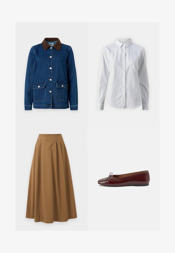Sötétkék befejezésű farmerdzseki, barna kordbársony gallérral, ezüst színű patent gombokkal és két elülső zsebbel. Klasszikus dizájnnal rendelkezik.; Fehér, sima pamutből készült gombos ing, klasszikus gallérral, hosszú ujjakkal és ívelt hemvéggel. A gombok kicsik és fehérek.; Barna pamut A-vonalú szoknya magas derékkal, elöl pliszézett és sima textúrával. Az alsó szegélyek letisztultak és egyszerűek.; Burgundi lakkbőr balettcipő kerek orral, elöl kis masni díszítéssel és alacsony, fekete gumi talppal. Simára csiszolt felület.