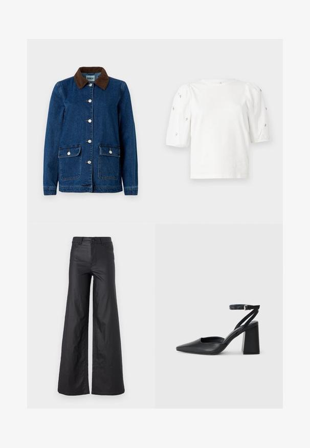 Džinsinis švarkas su tamsiai mėlynu atspalviu, rudos velveto apykakle, sidabrinėmis spaudėmis ir dviem priekinių kišenėmis. Pasižymi klasikiniu dizainu.; Balta medvilnės marškinėliai trumpomis pūstomis rankovėmis, papuošti mažomis sidabrinėmis detalėmis ant rankovių. Klasikinis apvalus iškirpimas, laisvas siluetas.; Juodos, plačios kelnės iš dirbtinės odos. Yra aukštas liemuo, kilpelės diržui, dvi priekinės kišenės ir siuvinėti detalėmis.; Juoda odinė smailiagalė aukštakulnio bateliai su kulkšnies dirželiu ir storu kulnu. Lygus paviršius, elegantiškas dizainas ir minimalistiška estetinė.