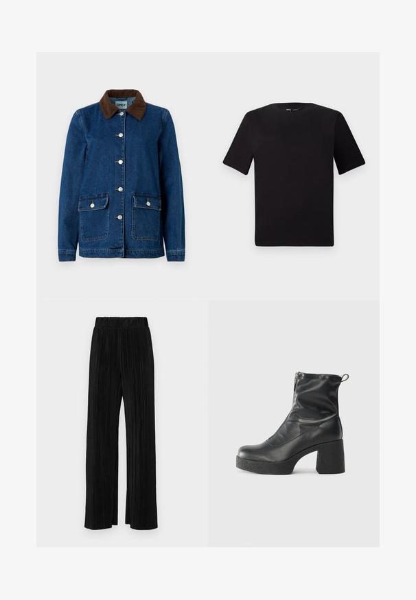 Jeansjakke med mørkeblå finish, brun cordfløyelskrage, sølvfargede trykknapper og to frontlommer. Har et klassisk design.; Svart t-skjorte med korte ermer og rund hals, laget av mykt bomullsstoff. Enkelt design, ingen synlige logoer eller mønstre.; Sorte plisserte bukser med elastisk midje. Har vide ben og et glatt, strukturert stoff med vertikale striper.; Svarte ankelstøvler laget av glatt lær, med glidelås på siden, chunky strukturert hæl, og rund tå-design.