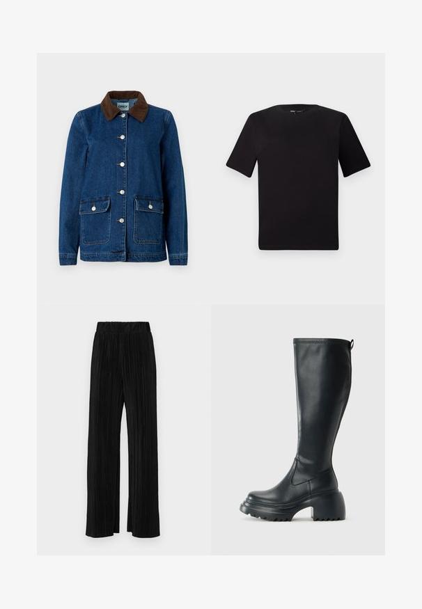 Jeansjacka med en mörkblå finish, krage i brunt manchester, silverfärgade tryckknappar och två framfickor. Har en klassisk design.; Svart kortärmad t-shirt med rund halsringning, tillverkad i mjukt bomullstyg. Enkelt mönster, utan synliga logotyper eller mönster.; Svarta plisserade byxor med resårmidja. Har vida ben och ett mjukt, texturerat material med vertikala ränder.; Höga svarta läderstövlar med kraftig plattformssula och blockklack, med dragflik och strukturerat mönster på yttersulan.