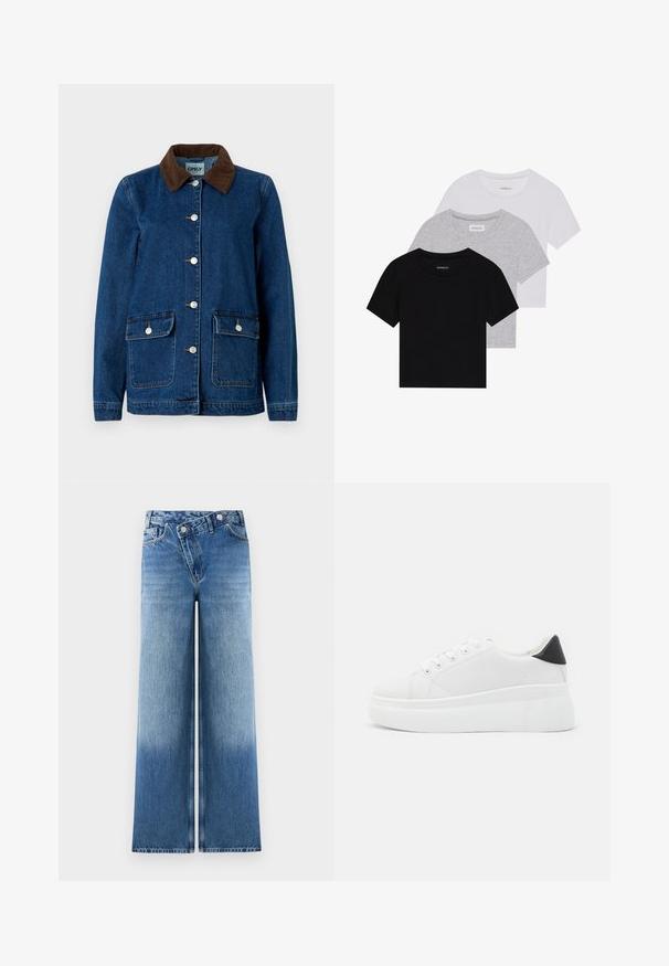 Jeansjakke med mørkeblå finish, brun cordfløyelskrage, sølvfargede trykknapper og to frontlommer. Har et klassisk design.; Sett med tre kortermede t-skjorter i svart, grått og hvitt. Laget av bomull, med rund hals og en enkel, ensfarget design.; Lyseblå vide jeans med en falmet vask, som har et klassisk fem-lomme-design og metalknap-detaljer ved livet.; Hvite plattform sneakers laget av glatt syntetisk materiale, med rund tå, snøring og en strukturert gummisåle. Svart hæl akcent.