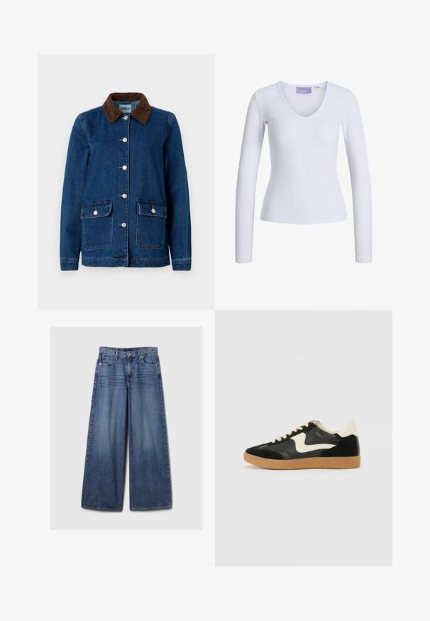 Jachetă din denim cu o finisare albastru închis, guler din catifea maro, nasturi metalici argintii și două buzunare frontale. Prezintă un design clasic.; Bluză albă cu mâneci lungi, cu textură canelată și decolteu în V. Etichetă vizibilă în interiorul gâtului cu numele brandului "JJXX."; Blugi din denim albastru cu picioare largi, având un finisaj uzat, cu închidere prin buton și fermoar, cinci buzunare și curea.; Tenisi din suede și piele negri cu un swoosh lateral de culoare crem și călcâi de un crem deschis. Prezintă șireturi bej și o talpă din rubber de tip gum.