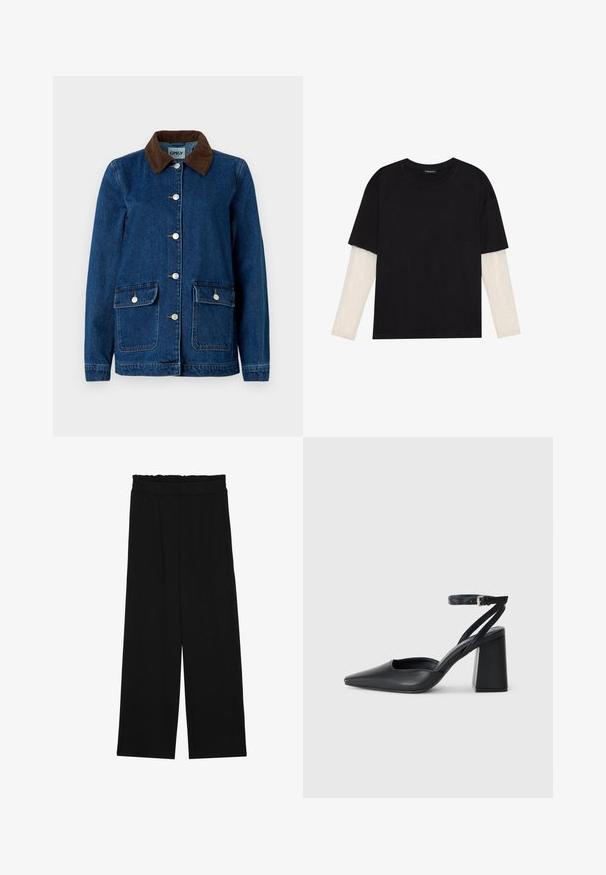 Casaco de ganga com acabamento em azul escuro, colarinho em courduroy castanho, botões de pressão prateados e dois bolsos frontais. Apresenta um design clássico.; T-shirt preta de algodão, com mangas curtas sobre uma camada de mangas longas branca com um padrão texturizado subtil. Design de decote redondo.; Calças largas pretas com um cinto franzido, apresentando dois bolsos laterais e um tecido suave e leve. Sem padrões ou ferragens visíveis.; Sandal com biqueira afilada em couro preto, com cinta no tornozelo e salto grosso. Textura lisa, design elegante e estética minimalista.