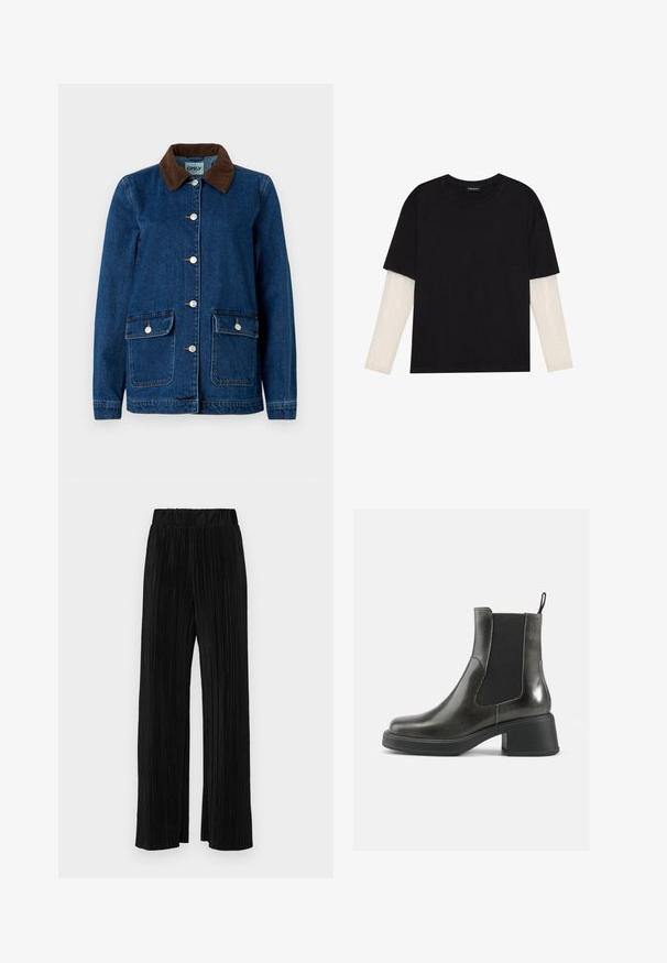 Jeansjakke med mørkeblå finish, brun cordfløyelskrage, sølvfargede trykknapper og to frontlommer. Har et klassisk design.; Svart T-skjorte laget av bomull, med korte ermer over et hvitt langermet lag med en subtil teksturert mønster. Rund hals design.; Sorte plisserte bukser med elastisk midje. Har vide ben og et glatt, strukturert stoff med vertikale striper.; Sorte ankelstøvler i svart lær med glatt overflate, elastiske sidepaneler og en kraftig hæl. Har en løftestrop for enklere påkledning.