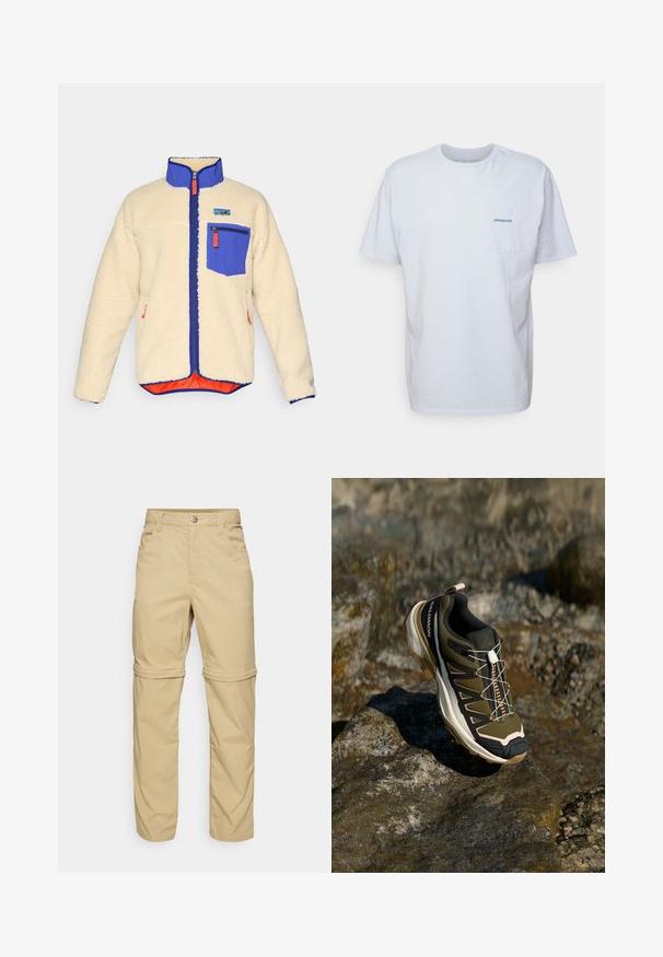 Kreemivärvi fleece-jakk, sinise kraega, sinise tõmbluku taskuga rinnal, sinise tõmbluku äärisega ja oranžide tõmblukukäepidemetega, rindkere peal nähtav kaubamärgi silt.; Valge puuvillane t-särk lühikeste varrukatega, ümar kaelus ja vasakpoolne rinnatasku koos sinise "Patagonia" logoga. Klassikaline lõige, sileda tekstuuriga.; Beezhides zip-off püksid sujuva tekstuuriga, kus on kaks küljetaskut, nööbiga sulgu ja mugavust lisavad keeratavad varrukad.; Olive rohelised ja mustad matkasaapad roosade aktsentidega. Omab tekstuurset ülemist osa, painduvaid põhi, tugevdatud varbakaitset ja värvilist paeltesüsteemi.