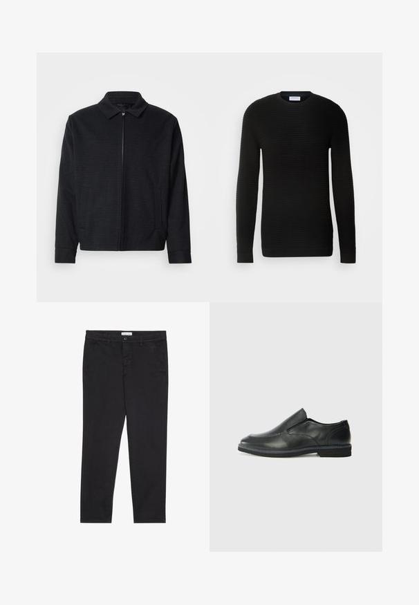 Czarna kurtka z fakturowanym splotem, z zamkiem z przodu, wywijanym kołnierzem oraz dwoma bocznymi kieszeniami. Posiada elastyczne mankiety i prosty dół.; Czarny sweter o długim rękawie z prążkowaną teksturą, okrągłym dekoltem i dopasowanymi mankietami. Wykonany z miękkiego, elastycznego materiału.; Czarnie bawełniane spodnie o dopasowanym kroju, z dwoma bocznymi kieszeniami i zapięciem na guzik z przodu. Teksturowana tkanina z subtelnymi detalami.; Czarne skórzane buty wsuwane z gładką cholewką, przeszyciami, okrągłym noskiem i niskim gumowym obcasem. Podeszwa ma minimalny bieżnik.