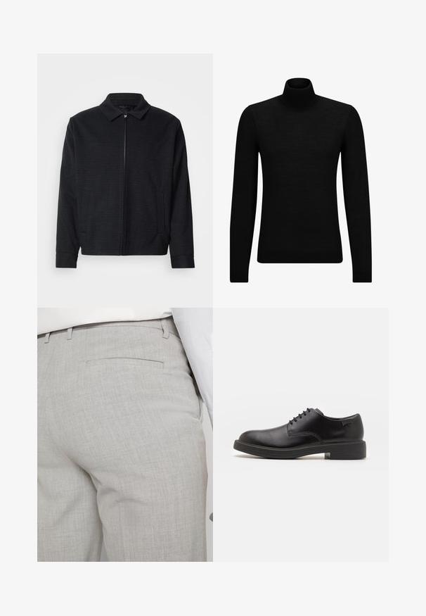 Zwarte jas met een gestructureerde weefsel, ritsvoorkant, puntige kraag en twee zijzakken. Bevat elastische manchetten en een rechte zoom.; Zwarte coltrui van zacht materiaal, met lange mouwen en een snug fit. Geribbelde afwerking aan de onderkant en mouwen. Eenvoudig ontwerp.; Lichtgrijze, op maat gemaakte broek van gestructureerde stof, met een enkele achterzak en nette stiksels.; Zwarte leren veterschoen met een ronde neus, een gladde textuur, minimale stiksels en een lage rubberen hak. Logo op de hak.