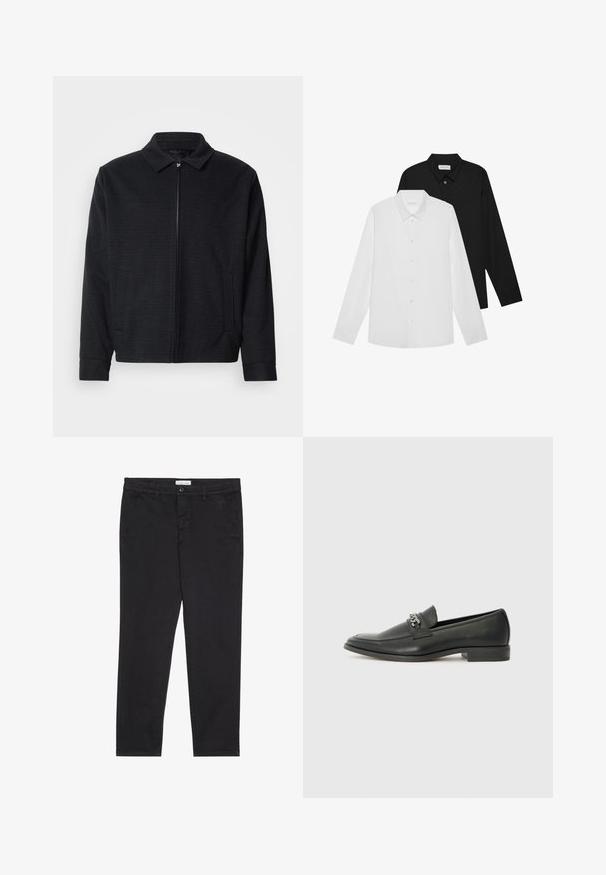 Crna jakna s teksturiranim tkanjem, zatvaračem sprijeda, uskim ovratnikom i dva bočna džepa. Ima elastične manžete i ravni rub.; Bijele i crne košulje dugih rukava s oštrim kragnama, prednjim gumbima i glatkom teksturom tkanine. Oznake su vidljive na unutarnjoj strani vrata.; Crne pamučne hlače uskog kroja, s dva bočna džepa i prednjim zatvaranjem na dugme. Teksturirana tkanina s suptilnim detaljima.; Crna kožna loafer cipela s glatkom finišem, s ušivenim uzorkom i dekorativnim metalnim lancem preko prednjeg dijela. Ravni potplat.