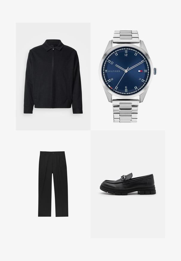 Černá bunda s texturovaným tkaním, zapínání na zip, špičatý límec a dvě boční kapsy. Má elastické manžety a rovný lem.; Sada osmi černých bavlněných triček s krátkým rukávem a kulatým výstřihem, s jednoduchým designem a jemnou texturou.; Černé kalhoty s rovnými nohavicemi, vyrobené z hladké tkaniny. Mají přední záhyby a jedno knoflíkové zapínání v pase.; Černé kožené mokasíny s kulatou špičkou, dekoračním páskem a kovovými prvky, a masivní texturovanou podrážkou. Hladký povrch s jemnými detaily.; Stříbrné kovové hodinky s broušeným modrým ciferníkem, bílými hodinovými indexy a zobrazením data. Mají spojený kovový pásek a logo značky.