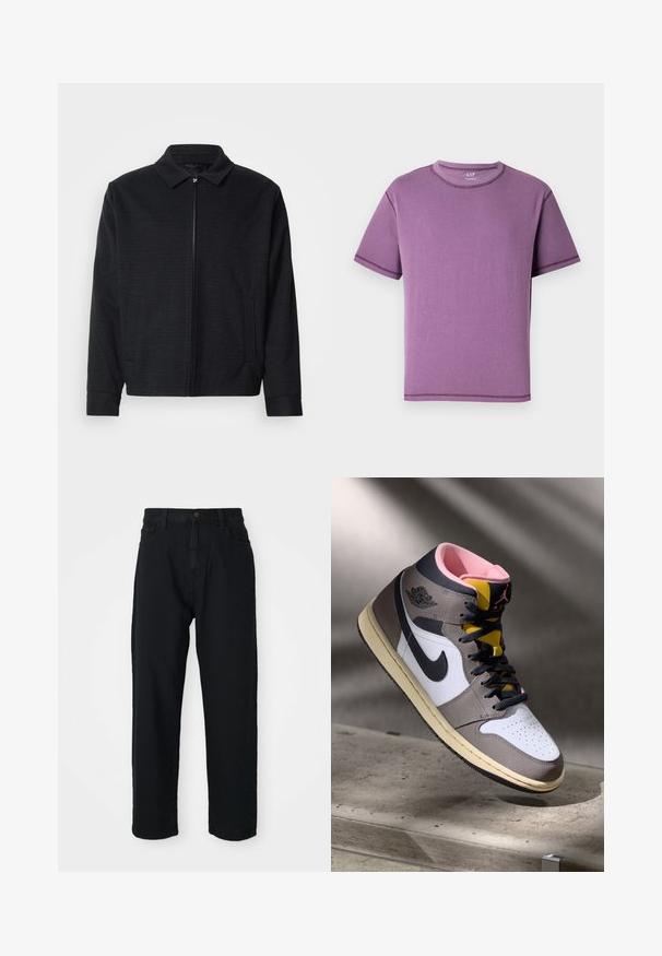 Zwarte jas met een gestructureerde weefsel, ritsvoorkant, puntige kraag en twee zijzakken. Bevat elastische manchetten en een rechte zoom.; Paarse T-shirt met korte mouwen, gemaakt van zachte katoen, met een ronde halslijn en contrasterende stiksels langs de naden.; Zwarte denim broek met een rechte pijp. Heeft een klassiek vijf-pocket ontwerp, een knoopsluiting en een subtiele stoftextuur.; Hoog-top Nike Air Jordan sneaker in wit, grijs en zwart met een roze interieur en gele tong, geplaatst op een betonnen oppervlak.