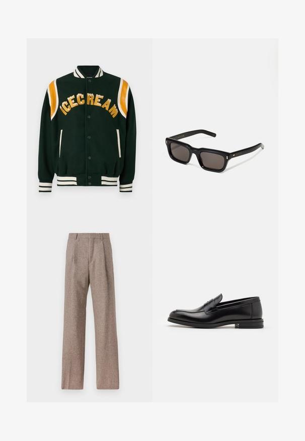 Chaqueta varsity verde oscuro con "ICECREAM" bordado en dorado, acentos de cuero naranja en los hombros, y puños y cuello de canalé blanco a rayas.; Camisa blanca de botones con cuello, con sutiles rayas verticales, mangas largas, un bolsillo en el pecho y un dobladillo redondeado clásico.; Pantalones marrones de cintura alta hechos de una tela texturizada. Presentan piernas anchas y dos pliegues frontales para dar estructura. Acabado limpio sin hardware visible.; Mocasines de cuero negro con una textura suave, puntera redondeada y una tira decorativa en el empeine. Tacón bajo apilado, diseño minimalista.; Gafas de sol rectangulares negras con lentes oscuros, marco de plástico grueso, acentos dorados en las patillas y logotipo de la marca grabado en el brazo.; Bolsa tote de lona negra con asas de cuero negro. Diseño sencillo, cuerpo espacioso y textura suave. Sin logos ni patrones visibles.