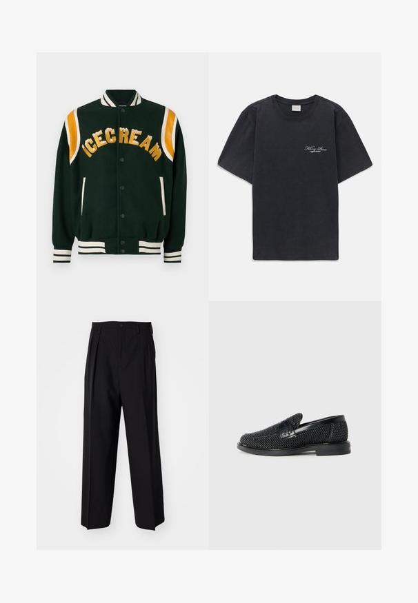 Mørkegrønn varsity-jakke med "ICECREAM" brodert i gull, oransje lærakenter på skulderne, og hvite stripede ribbede mansjetter og krage.; Svart kortermet t-skjorte med rund hals og liten hvit "Filling Pieces" tekstlogo på venstre bryst.; Sorte plissert bukser med en rett, bred benform. Laget av glatt stoff, med knappelukking og beltehemper.; Sorte vevde slip-on sko med en glatt lærdetalj på overdelen, design med rund tå og en lavprofil gummisåle.