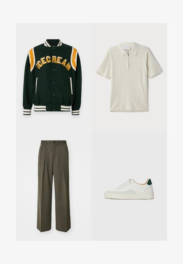 Tamnozeleni jakna s varšavskim stilom s vezom „ICECREAM“ u zlatnoj boji, narančasti kožni naglasci na ramenima te bijele prugaste rebraste manžete i ovratnik.; Polo majica kratkih rukava u svijetloj bež boji s zatvaračem na ovratniku. Napravljena od glatkog materijala, sadrži jednostavan, moderan dizajn bez uzoraka.; Filippa K WIDE TROUSERS - Hlače - driftwood; Bijele tenisice s akcentima od antilopa, zaobljenim vrhom, ravnim vezicama i krem gumenim potplatom. Imaju zelenu oznaku na peti.