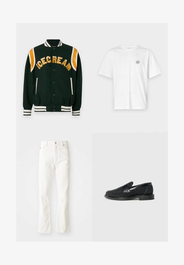 Tmavo zelená varsity bunda s vyšívaným nápisom "ICECREAM" v zlatej farbe, s oranžovými koženými ramennými akcentmi a bielymi pruhovanými ribbenovými manžetami a golierom.; Biela tričko vyrobené z bavlny, s krátkymi rukávmi, okrúhlym výstrihom a malým šedým logom na oblasti ľavej hrude. Hladká textúra.; Biele riflové nohavice s rozšírenými nohavicami a vysokým pásom, predné vrecká a strieborné kovanie. Tkanina má hladkú textúru s jemnými švovými detailmi.; Čierne tkané slip-on topánky s hladkým koženým akcentom na vrchnej časti, s okrúlym dizajnom špičky a nízkoprofilovou gumovou podrážkou.