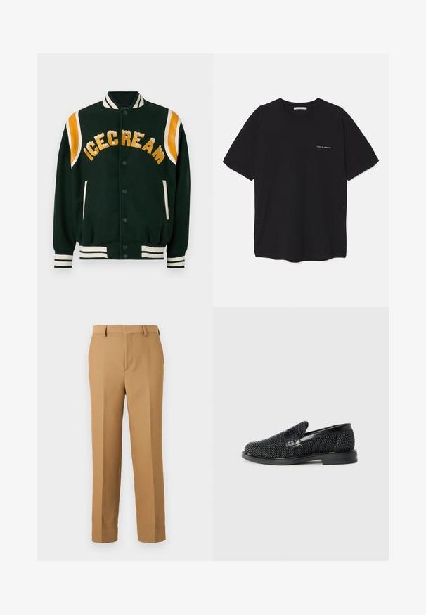 Mørkegrønn varsity-jakke med "ICECREAM" brodert i gull, oransje lærakenter på skulderne, og hvite stripede ribbede mansjetter og krage.; Svart bomull T-skjorte med rund hals, korte ermer, og hvit logo trykk på venstre bryst. Enkel, ensfarget design.; Beige dressbukser laget avvevd stoff, med rett snitt, flat front og beltehemper. Glatt tekstur uten synlige mønstre.; Sorte vevde slip-on sko med en glatt lærdetalj på overdelen, design med rund tå og en lavprofil gummisåle.