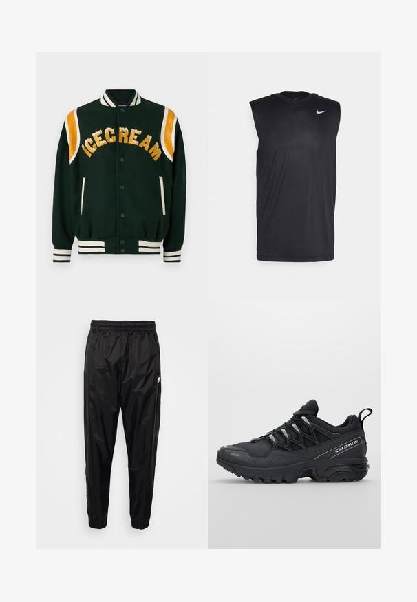 Tmavě zelená varsity bunda s vyšitým nápisem "ICECREAM" ve zlaté barvě, s oranžovými koženými rameny a bílými pruhovanými ribbed manžetami a límcem.; Černé bezrukávové sportovní triko vyrobené z hladké látky, s kulatým výstřihem a malým bílým logem Nike swoosh na levé horní straně.; Černé sportovní kalhoty vyrobené z lehkého, lesklého materiálu s elastickým pasem, zúženým střihem a kapsami na zip. Zdobeno logem.; Černé sportovní boty s síťovaným svrškem, gumovou podrážkou a reflexními detaily. Mají polstrovanou podrážku a design se šněrováním.