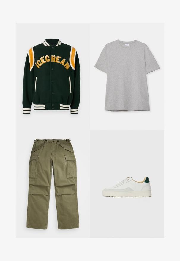 Sötétzöld egyetemi dzseki, arany színű "ICECREAM" hímzéssel, narancssárga bőr vállrész kiemelésekkel, valamint fehér csíkos bordázott mandzsettákkal és gallérral.; Szürke, rövid ujjú póló, puha, texturált anyagból készült. Klasszikus környakú és egyenes fazonú, alkalmas hétköznapi viseletre.; Olíva zöld cargo nadrág, texturált anyagból készült, több elülső és oldalsó zsebbel, valamint megerősített varrásokkal a célnál.; Fehér sneaker suédé részletekkel, kerek orral, lapos fűzőkkel és krémszínű gumitalppal. Zöld logó található a sarkán.