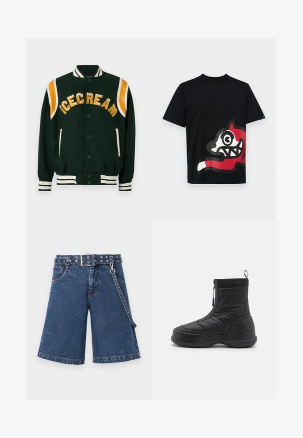 Ciemnozielona kurtka varsity z haftem "ICECREAM" w kolorze złotym, pomarańczowe skórzane akcenty na ramionach oraz białe prążkowane mankiety i kołnierz.; Icecream JUMBO czarny; Szorty dżinsowe w ciemnoniebieskim kolorze, o luźnym kroju z paskiem w talii z metalowymi oczkami, wykończone kontrastowym przeszyciem i bocznym łańcuchem.; Czarne, wodoodporne buty śniegowe z gładką syntetyczną cholewką, zamkiem błyskawicznym, wyściółką kołnierza i teksturowaną gumową podeszwą. Akcentowane brandingiem "MOON BOOT."