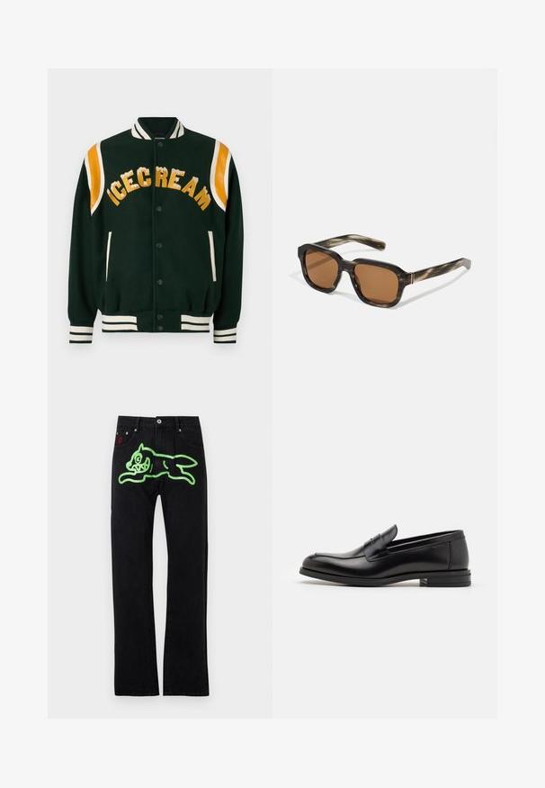 Tumma vihreä yliopistotakki, jossa on kultakirjaillut "ICECREAM", oranssit nahkaiset olkakoristeet sekä valkoiset raidalliset ribbireunat hihansuissa ja kauluksessa.; Icecream JUMBO RUNNING DOG - Printtipaita - black; Mustat farkut suoran leikkauksen omaavana, joissa on suuri vihreä graafinen kuva juoksevasta sarjakuvaeläimestä takana. Hopeiset varusteet.; Mustat nahkakengät, joissa on sileä pinta, pyöreä kärki ja koristeellinen nauha jalkapöydän yli. Matala pinoitu koroke, minimalistinen muotoilu.; Muoviset aurinkolasit, joissa on kilpikonnakuosiset kehykset, oktaalimuotoiset ruskeat linssit ja ohuet kultaiset yksityiskohdat kehystyksessä.