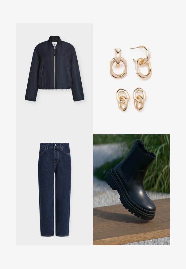 Jachetă bomber scurtă de culoare albastru închis, realizată dintr-un material neted, cu fermoar frontal, mansete striate și două buzunare laterale.; Top din bumbac alb, fără mâneci, cu un decolteu larg și bretele subțiri. Textură netedă, fără modele sau embellismente vizibile.; Blugi din denim albastru închis cu picior drept, talie înaltă, accesorii argintii, buzunare frontale și detalii subtile de cusătură. Design clasic cu cinci buzunare.; Botină neagră din piele, cu talpă groasă, panouri laterale elastice și un finisaj neted. Design elevat cu detalii de profil contrastante.; Cercei aurii cu un amestec de forme geometrice: un pătrat, un cerc și modele ovale legate, având un finisaj lucios.