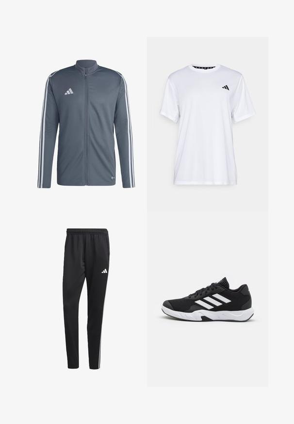 Veste de sport grise en polyester. Dotée d'une fermeture éclair intégrale, d'un col haut et de bandes blanches le long des épaules. Logo Adidas sur la poitrine.; T-shirt de sport blanc à manches courtes, fabriqué en tissu évacuant l'humidité. Présente un logo noir sur la poitrine gauche et un col intérieur à motifs.; Pantalons de sport noirs avec une ceinture élastique, rayures latérales blanches et un petit logo blanc sur la cuisse. Fabriqués dans un matériau lisse et léger.; Baskets de sport noires avec une tige en mesh texturé, des rayures blanches, une semelle rembourrée et un talon renforcé pour le soutien.