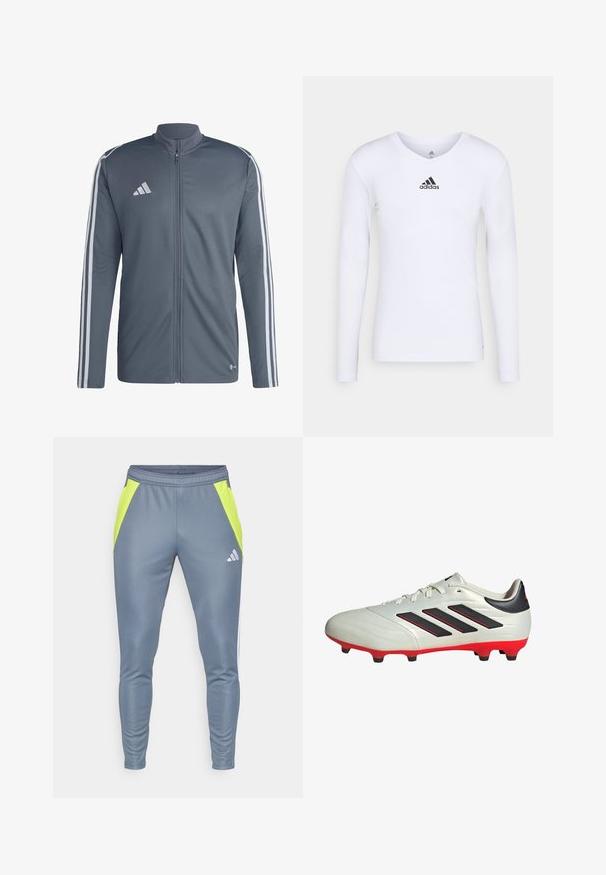 Veste de sport grise en polyester. Dotée d'une fermeture éclair intégrale, d'un col haut et de bandes blanches le long des épaules. Logo Adidas sur la poitrine.; T-shirt de sport à manches longues, blanc, en matériau lisse, avec un logo Adidas noir sur la poitrine ; design en V et coupe ajustée.; Pantalons de sport gris avec des panneaux latéraux jaunes fluo, taille élastique, design de jambe fuselée et logo réfléchissant à l'avant.; Crampon de football blanc avec des accents noirs et une semelle rouge. Présente trois bandes noires sur le côté et un upper lisse et texturé.