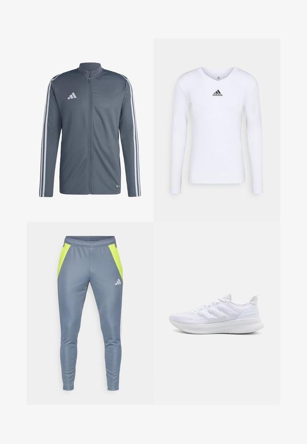 Veste de sport grise en polyester. Dotée d'une fermeture éclair intégrale, d'un col haut et de bandes blanches le long des épaules. Logo Adidas sur la poitrine.; T-shirt de sport à manches longues, blanc, en matériau lisse, avec un logo Adidas noir sur la poitrine ; design en V et coupe ajustée.; Pantalons de sport gris avec des panneaux latéraux jaunes fluo, taille élastique, design de jambe fuselée et logo réfléchissant à l'avant.; Chaussures de sport blanches avec un dessus en mesh texturé, une semelle rembourrée et un design à trois bandes sur le côté.