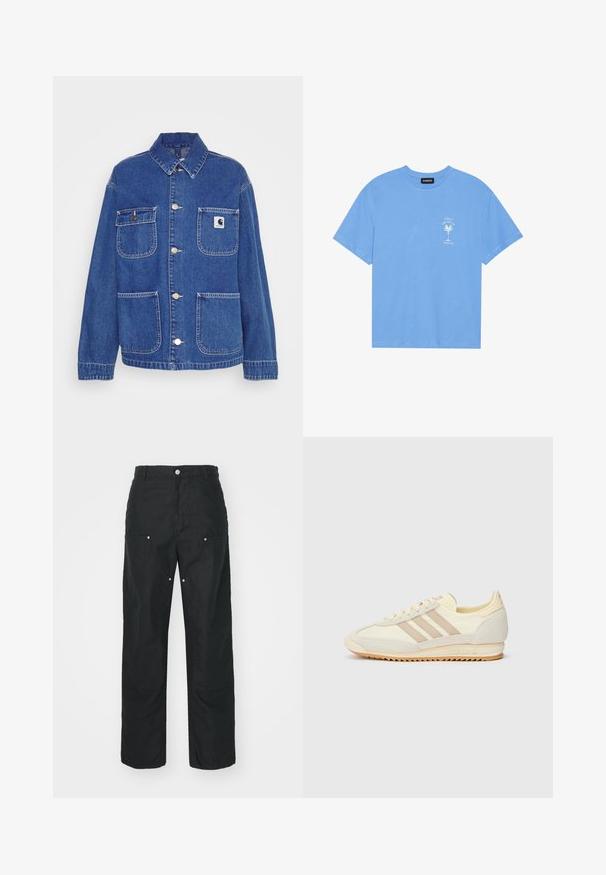 Modrá džínová bunda s klasickým golierom, dvoma prednými vreckami, striebornými kovovými prvkami a malou nášivkou značky na ľavej hrudi.; Svetlo modré bavlnené tričko s okrúhlym výstrihom. Na ľavej strane hrude sa nachádza biely grafický motív palmy a text. Krátke rukávy.; Čierne nohavice so strihom rovného nohavicu, vyrobené z textúrovanej tkaniny. Obsahujú dekoratívne strieborné kovanie a jedinečné detaily švov.; Krémové športové tenisky s tromi béžovými pruhmi, z kombinácie semišu a textilného materiálu, so štruktúrovanou podrážkou a reliéfne navrhnutým logom na päte.