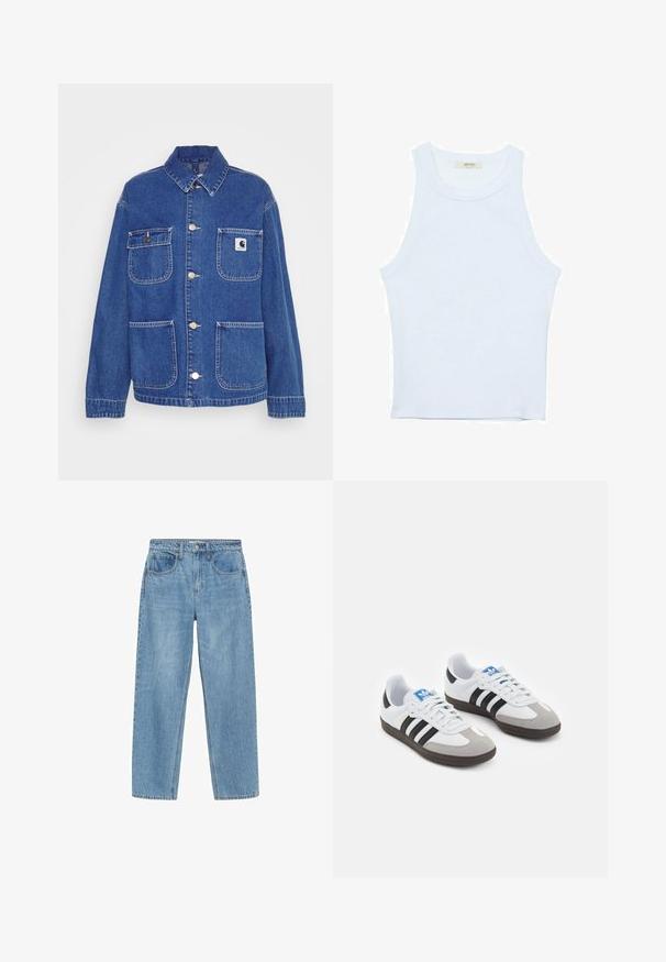 Modra denim jakna z klasičnim ovratnikom, dvema sprednjima žepoma, srebrnim okovjem in majhnim logotipom blagovne znamke na levem prsnem delu.; Bela majica bez rukavov, rebrasta tekstura, okrugli izrez, kroj koji prati tijelo, suptilno brendiranje na etiketi unutar ovratnika.; Svetlo modri traper hlače s ravnim krojem, visokim pasom, dvema sprednjima žepoma in klasičnim gumbom za zapiranje. Rahlo zbledene in brez okrasnih elementov.; Športni čevlji z belim usnjenim zgornjim delom, sivim semišem na prstih in tremi črnimi črtami. Imajo modro logo na jeziku in teksturiran gumijast podplat.