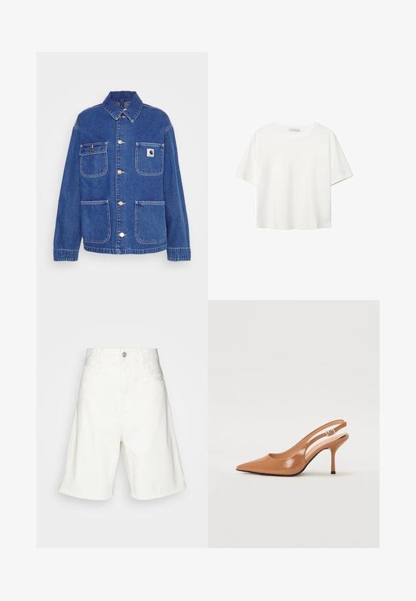 Blauwe spijkerjas met een klassieke kraag, twee voorzakken, zilveren hardware en een klein merklogo op de linkerborst.; Witte korte mouwen t-shirt van katoen. Heeft een ronde halslijn en een ontspannen pasvorm. Glad textuur zonder zichtbare patronen of accenten.; Witte denimshorts met een hoge taille, voorzien van een knoopsluiting aan de voorkant, twee zijzakken en een relaxte pasvorm. Gladde textuur zonder zichtbare patronen.; Puntige slingback hak in een glad, glanzend beige materiaal. Bevat een gebogen uitsnijdontwerp en een slanke stiletto hak. Zilveren gesp detail.