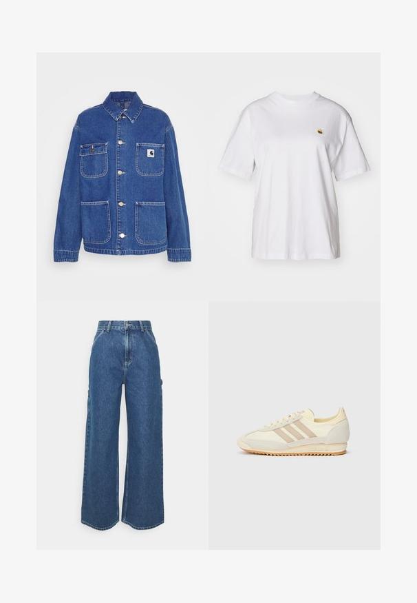 Plava traper jakna s klasičnom ovratnikom, dva prednja džepa, srebrnim detaljima i malom oznakom branda na lijevoj strani prsa.; Bijela pamučna majica s opuštenim krojem, kratkim rukavima i malim izvezenim logom na lijevoj strani prsnog dela.; Široke plave traperice s visokim strukom, kontrastnim šavovima i bočnim džepovima, s klasičnim dizajnom s pet džepova i sirovim rubovima.; Kremaste atletske tenisice s tri bež pruge, od nubuk kožne i tekstilne tkanine, s teksturiranim potplatom i utisnutim brendiranjem na peti.