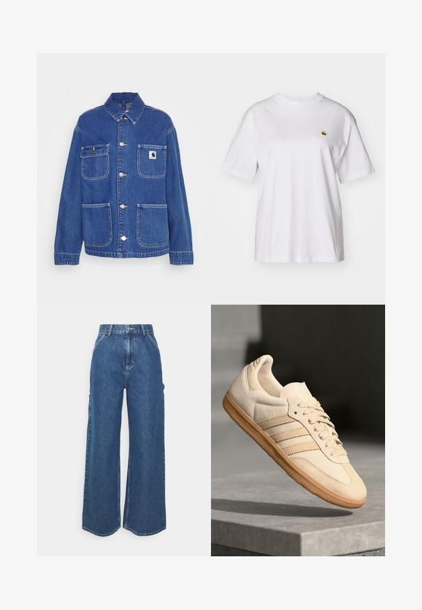 Μπλε τζιν μπουφάν με κλασικό γιακά, δύο μπροστινές τσέπες, ασημένια εξαρτήματα και ένα μικρό λογότυπο της μάρκας στη αριστερή πλευρά του στήθους.; Λευκό βαμβακερό μπλουζάκι με χαλαρή εφαρμογή, κοντά μανίκια, και ένα μικρό κεντητό λογότυπο στην αριστερή περιοχή του στήθους.; Πολυάριθμοι μπλε τζιν παντελόνες με φαρδιά πόδια και ψηλή μέση, αντίθετη ραφή και πλαϊνές τσέπες, με κλασικό σχέδιο πέντε τσεπών και ακατέργαστο τελείωμα.; Ανοιχτό μπεζ σουέτ αθλητικό παπούτσι με καουτσούκ σόλα, τρεις διαγώνιες ρίγες και υφή στο καπάκι των δακτύλων. Διαθέτει λογότυπο στη γλώσσα και στο πλάι.