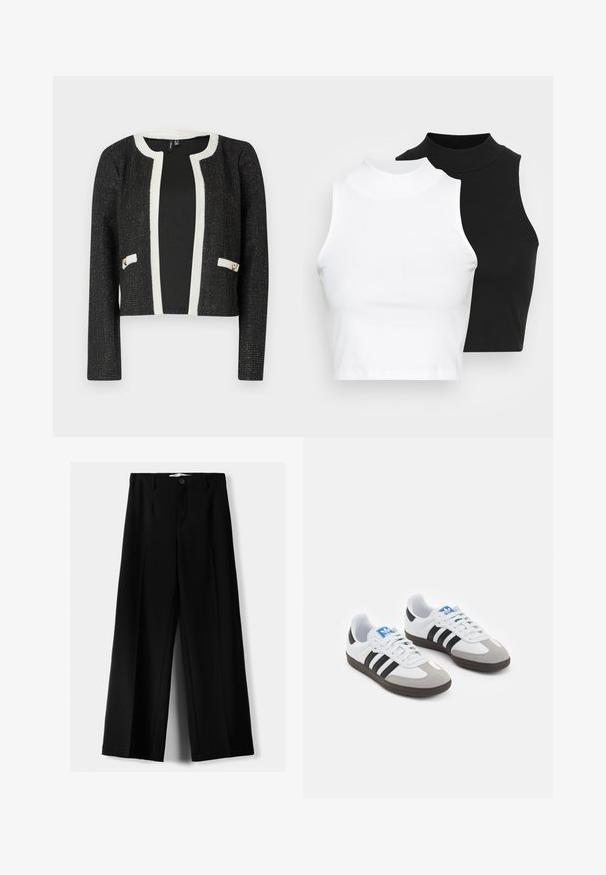 Black cropped jacket with a white trim and pockets, featuring a textured fabric with metallic threads and two gold-tone accents on pockets.; Two sleeveless ribbed turtleneck tops in black and white, featuring a fitted design and smooth texture, with cropped length.; Black wide-leg trousers made of lightweight fabric, featuring a front button closure and flat front, with neatly stitched hems.; Sport shoes with a white leather upper, gray suede toe, and three black stripes. Features a blue logo on the tongue and a textured rubber sole.