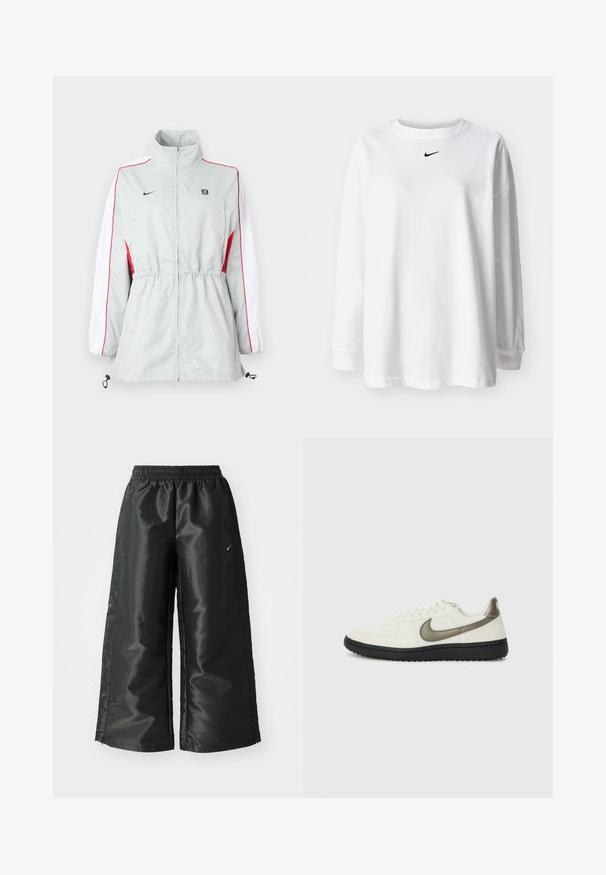 Svetlo siva vetrovka z belimi in rdečimi bočnimi paneli, nastavljivim pasom z vrvico, visokim ovratnikom in črnimi logotipi na prsih.; Bela majica z dolgimi rokavi iz bombaža, ki ima okroglo ovratnico in majhen črn Nike logo na prsih. Preprost dizajn, sproščen kroj.; Črne atletske hlače iz sijočega, gladkega blaga, z elastiko v pasu, širokimi nogami in majhnim logotipom na levi strani.; Nike Sportswear FIELD GENERAL - Športni copati - off-white/black
