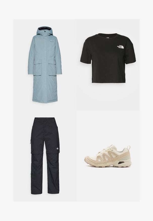 Cappotto di mezza lunghezza impermeabile di colore azzurro, con cappuccio, due grandi tasche frontali e foderato in nero. Presenta una marchiatura minima.; T-shirt cropped nera in cotone. Caratterizzata da un colletto rotondo e maniche corte, con un logo bianco sulla parte sinistra del petto.; Pantaloni cargo in nylon nero con zip rimovibile, polsini regolabili, molteplici tasche e un logo sulla gamba destra. Tessuto liscio e leggero.; Scarpa atletica beige e crema con tomaia in mesh testurizzato, sovrapposizioni supportive e suola in gomma con un motivo a tasselli per la trazione.