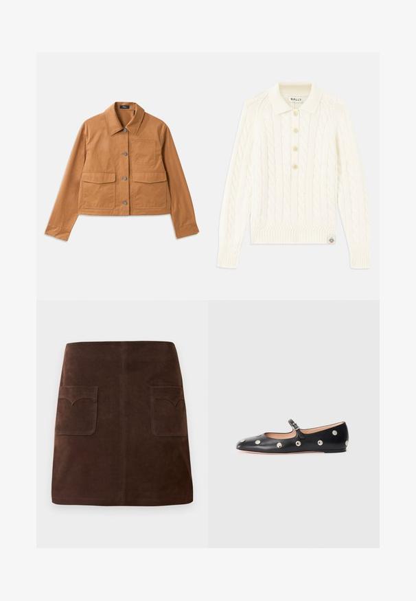 Barna, rövid fazonú dzseki tartós anyagból, galléros nyakkal, gombos záródással, két elülső zsebbel és textúrált felülettel.; Krém színű kötött pulóver, galléros nyakkal, négy gombos felső résszel, bordázott mandzsettákkal és egy kis logóval a szegélyen.; Barna velúr szoknya klasszikus A-vonalú fazonnal, két elülső zsebbel kerek fedéllel és diszkrét varrási részletekkel.; Fekete bőr Mary Jane lapossarkú cipő, lekerekített orral, ezüst színű kör alakú szegecsekkel és állítható pánttal, csattal.