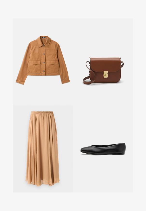 Brown cropped jacket made from durable material, featuring a collared neck, button closure, two front pockets, and a textured finish.; Light beige cropped sweater with a zippered mock neck, featuring a textured pattern and ribbed cuffs and hem. Combines knit and woven materials.; Maxi skirt in light beige, made of flowy fabric. Features a gathered elastic waistband and soft pleats for movement.; Paul Smith TOPANGA - Ballet pumps - black; Brown leather handbag with a flap closure, gold-tone hardware, a shoulder strap, and a smooth texture. Compact rectangular shape.