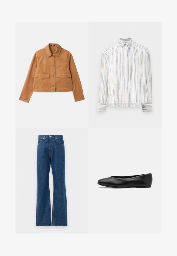Chaqueta corta marrón hecha de material duradero, con cuello tipo solapa, cierre de botón, dos bolsillos frontales y un acabado texturizado.; Camisa de botones a rayas con base blanca, que presenta líneas multicolores estrechas en azul, naranja y verde. Mangas largas y cuello clásico.; Vaqueros acampanados de mezclilla azul con alta cintura, que cuentan con cinco bolsillos, un cierre de botón plateado y costuras visibles.; Paul Smith TOPANGA - Bailarinas - black