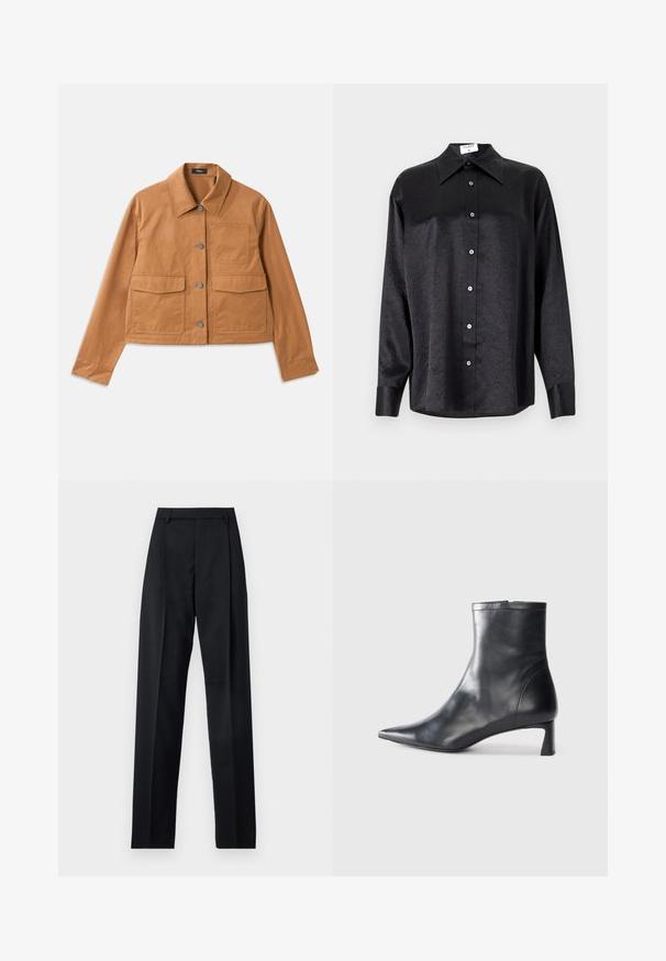 Brun kort jakke lavet af holdbart materiale, med krave, knaplukning, to frontlommer og en struktureret overflade.; Sort langærmet skjorte med krave, der har en krøllet tekstur, fuld knaplukning foran og manchetter. Lavet af et glat stof.; Sorte bukser lavet af glat stof, der har høj talje, brede ben, frontfolder og klassiske bælteløkker. Ingen synlige sidelommer.; Sort læder ankelstøvle med spids tå og et strømlinet design. Har en lav hæl og en lynlås lukning bagpå. Glat tekstur.