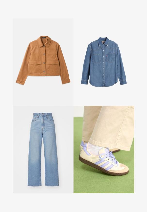 Kohvamine lühike jakk, mis on valmistatud vastupidavast materjalist, millel on kraega kaelus, nööbikinnitus, kaks eesmist taskut ja tekstureeritud viimistlus.; Heledsinine denim särk pika varrukaga, terava krae, kahe rinnatasku ja kontrastsete õmblustega. Omab läänest inspireeritud kätetõusu disaini.; Heledad sinine kõrge vöökohaga laiad teksad, ees nupp ja tõmblukk, ees ja taga taskud, valge tausta peal.; Kreemi ja lavendlivärvi tenniset, millel on kolm triipu ja tekstuuriga pruun tall, varustatud paelte ja pehmendatud kontsaga. Pehme kangast ülemine osa.