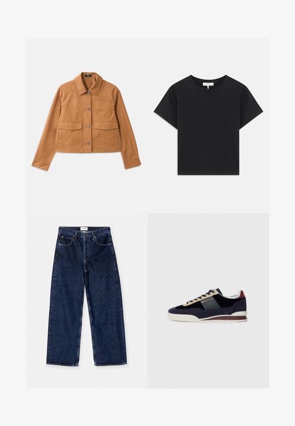 Giacca cropped marrone realizzata in materiale resistente, con collo a camicia, chiusura con bottoni, due tasche frontali e una finitura testurizzata.; T-shirt nera a maniche corte in cotone, con scollatura rotonda e un design semplice senza motivi o decorazioni.; Jeans ampi in denim blu scuro con vita alta, tasche frontali e una texture liscia con sottili dettagli di cucitura.; Sneakers in suede blu Navy con accenti beige e blu scuro. Presentano una suola in gomma bianca e un marchio dorato sul lato. Design atletico classico.